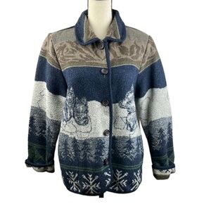 IVY Wool Blend Vintage Jacket Women SZ Large Made in USA Unique Wolves Deisign